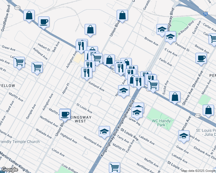 map of restaurants, bars, coffee shops, grocery stores, and more near 5136 Lexington Avenue in St. Louis