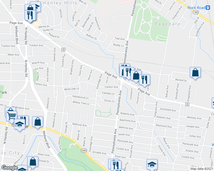 map of restaurants, bars, coffee shops, grocery stores, and more near 1200 Verl Place in St. Louis