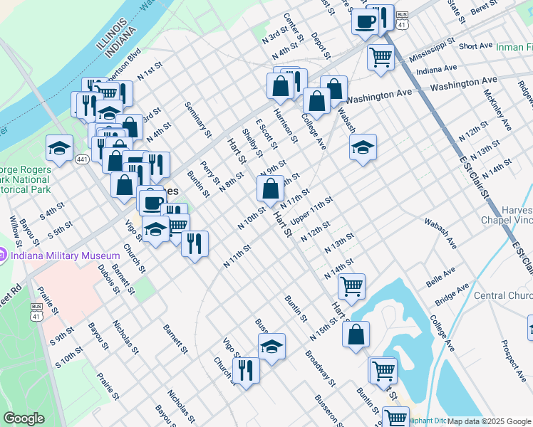 map of restaurants, bars, coffee shops, grocery stores, and more near 1005 Seminary Street in Vincennes