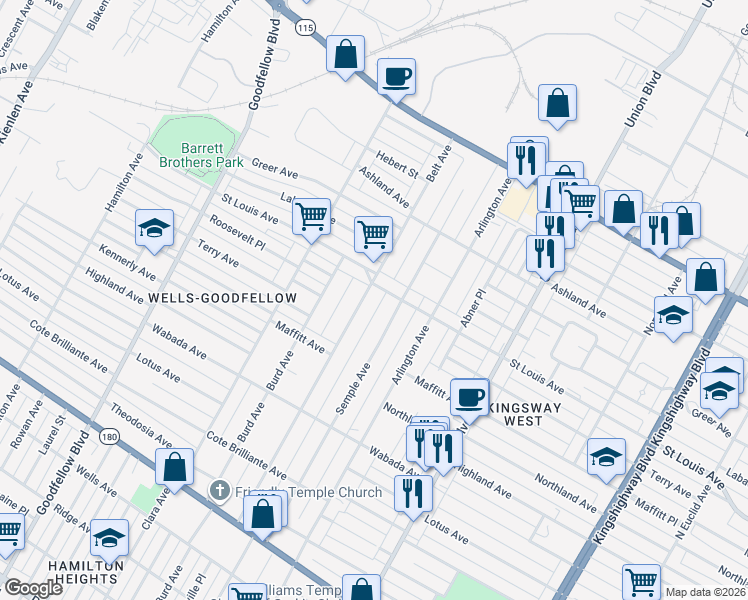 map of restaurants, bars, coffee shops, grocery stores, and more near 2858 Belt Avenue in St. Louis