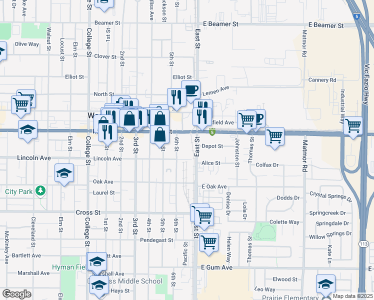 map of restaurants, bars, coffee shops, grocery stores, and more near 435 6th Street in Woodland