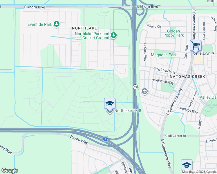 map of restaurants, bars, coffee shops, grocery stores, and more near 5601-5753 Golden State Highway in Sacramento