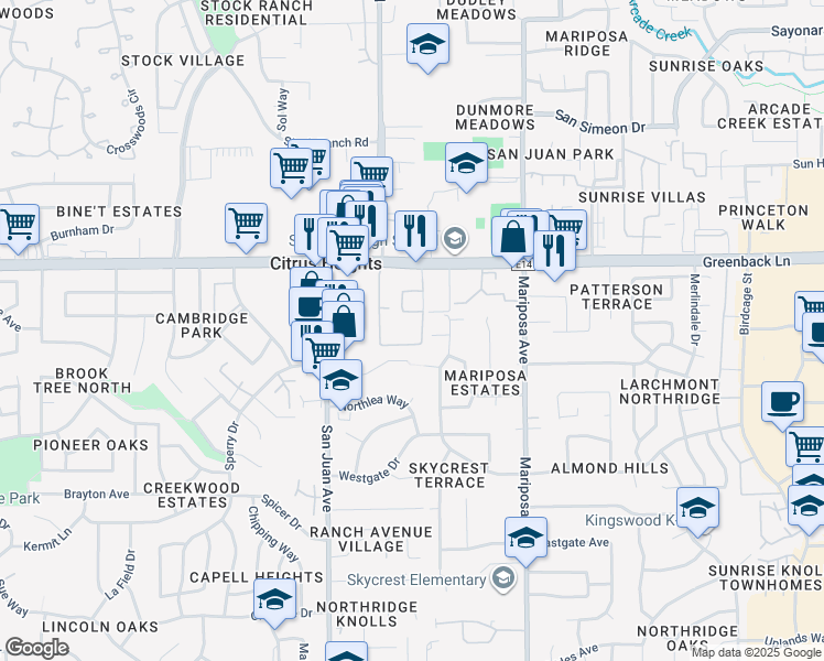 map of restaurants, bars, coffee shops, grocery stores, and more near 7520 Farmhouse Court in Citrus Heights