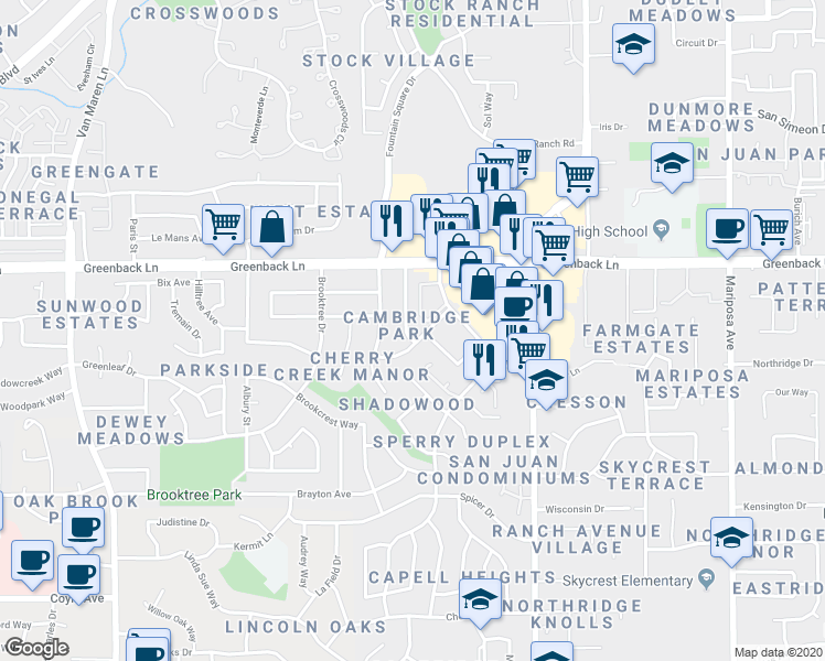 map of restaurants, bars, coffee shops, grocery stores, and more near 6116 Terrell Drive in Citrus Heights