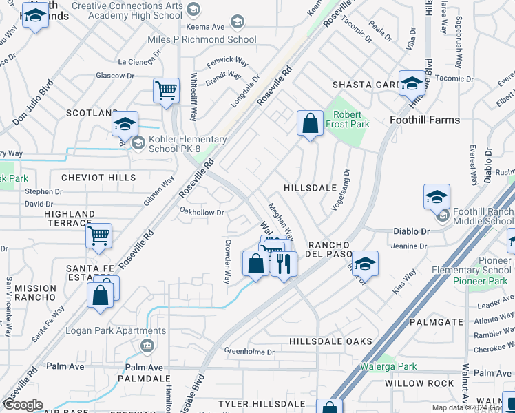 map of restaurants, bars, coffee shops, grocery stores, and more near 5966 Walerga Road in Sacramento