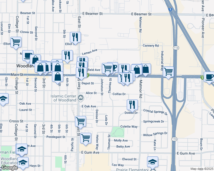 map of restaurants, bars, coffee shops, grocery stores, and more near 462 Thomas Street in Woodland
