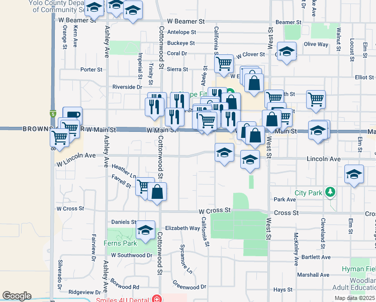 map of restaurants, bars, coffee shops, grocery stores, and more near 3 West Lincoln Avenue in Woodland