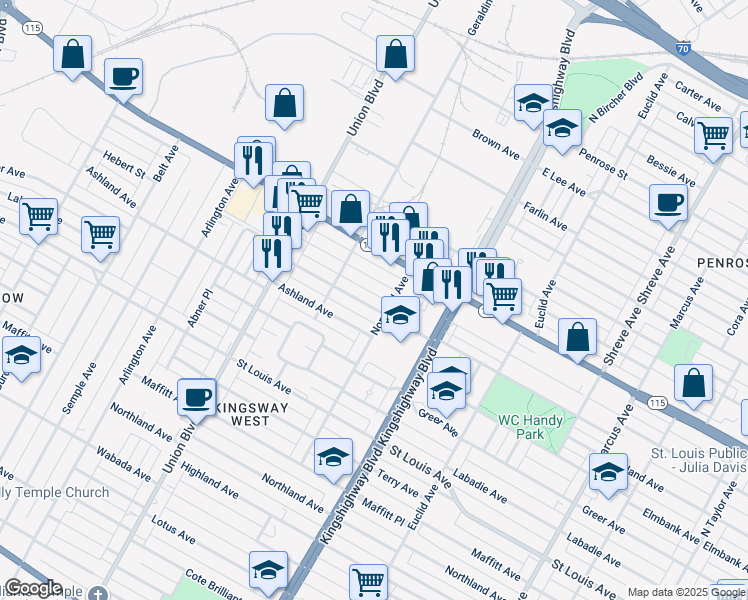 map of restaurants, bars, coffee shops, grocery stores, and more near 5101 Lexington Avenue in St. Louis