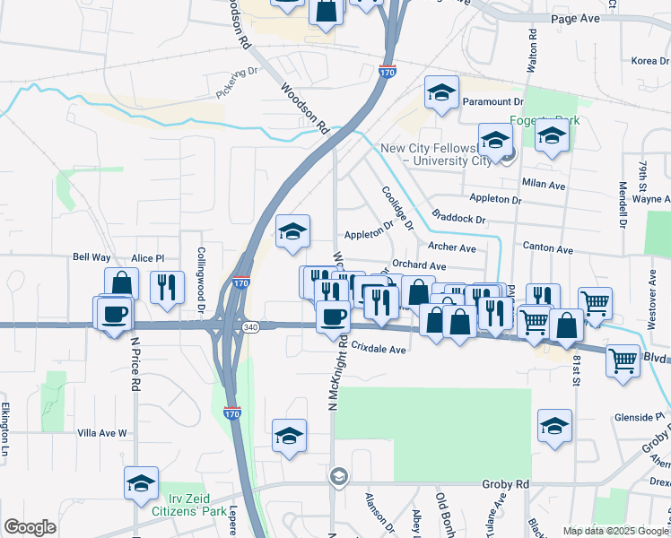 map of restaurants, bars, coffee shops, grocery stores, and more near 8609 Richard Court in St. Louis