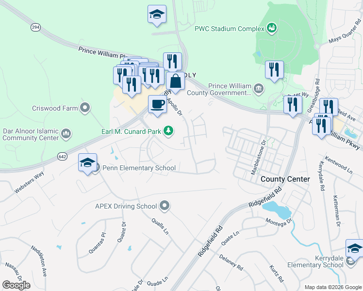 map of restaurants, bars, coffee shops, grocery stores, and more near 5076 Dimples Court in Woodbridge