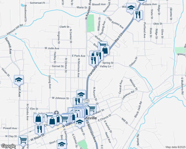 map of restaurants, bars, coffee shops, grocery stores, and more near 524 Vandalia Street in Collinsville