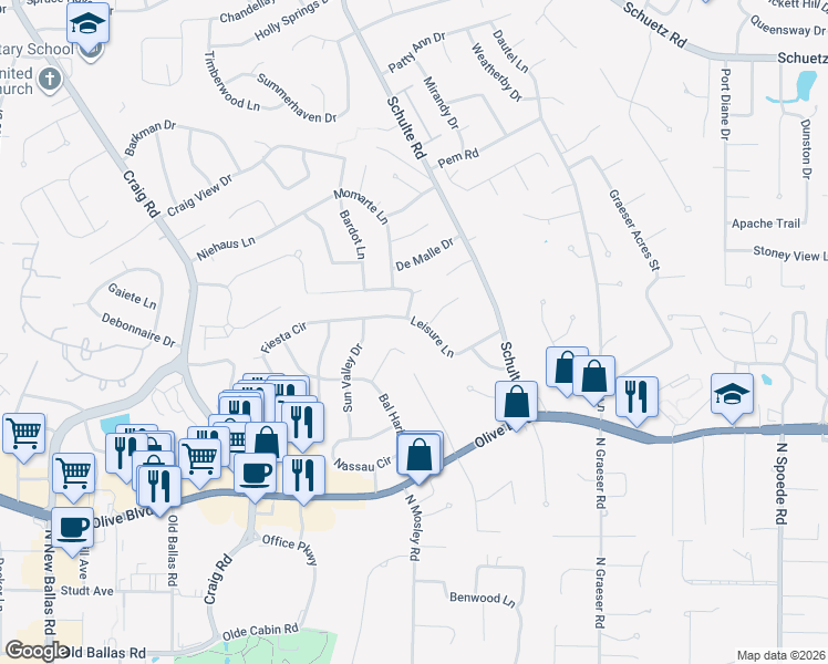 map of restaurants, bars, coffee shops, grocery stores, and more near 1015 Leisure Lane in St. Louis
