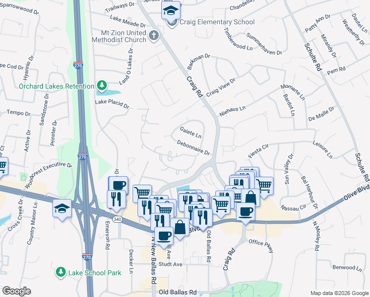 map of restaurants, bars, coffee shops, grocery stores, and more near 11951 Charter Oak Parkway in St. Louis