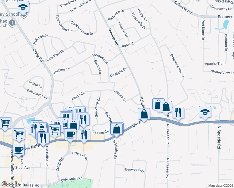 map of restaurants, bars, coffee shops, grocery stores, and more near 1015 Leisure Lane in St. Louis