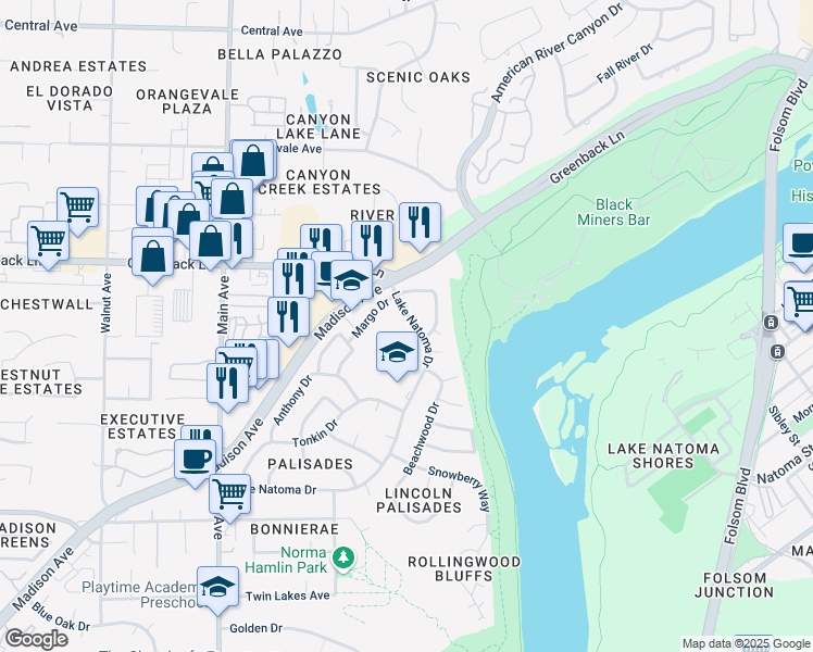 map of restaurants, bars, coffee shops, grocery stores, and more near 9665 Lake Natoma Drive in Orangevale