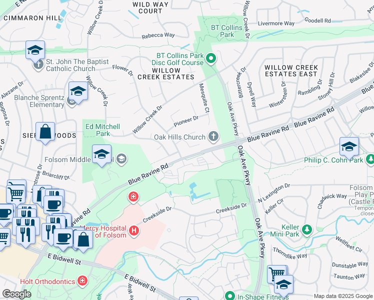 map of restaurants, bars, coffee shops, grocery stores, and more near 650 Flower Drive in Folsom
