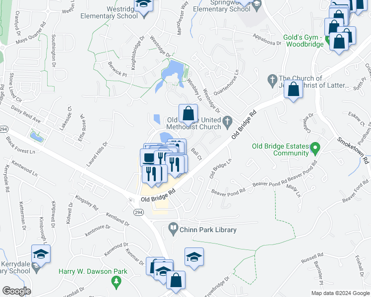 map of restaurants, bars, coffee shops, grocery stores, and more near 12800 Bombay Way in Woodbridge