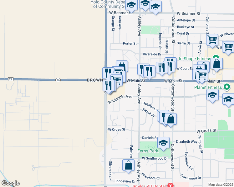 map of restaurants, bars, coffee shops, grocery stores, and more near 375 West Main Street in Woodland