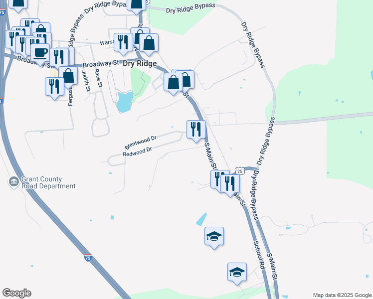 map of restaurants, bars, coffee shops, grocery stores, and more near 23 Kings Drive in Dry Ridge
