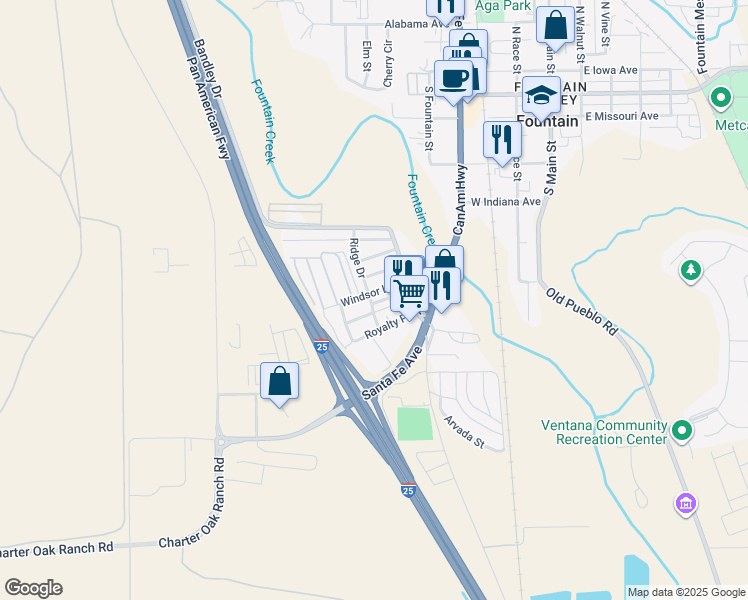 map of restaurants, bars, coffee shops, grocery stores, and more near 420 Royalty Place in Fountain