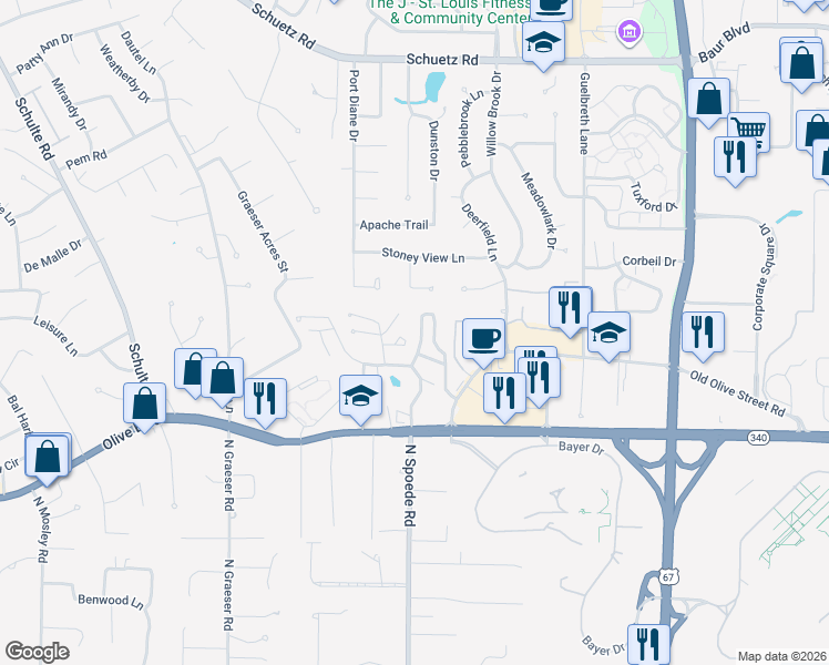map of restaurants, bars, coffee shops, grocery stores, and more near 1033 Wilton Royal Drive in St. Louis