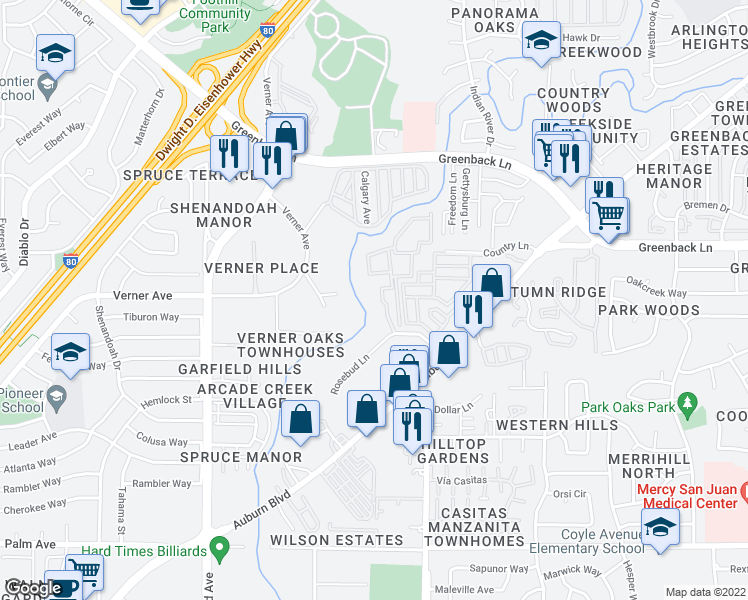 map of restaurants, bars, coffee shops, grocery stores, and more near 5981 Devecchi Avenue in Citrus Heights