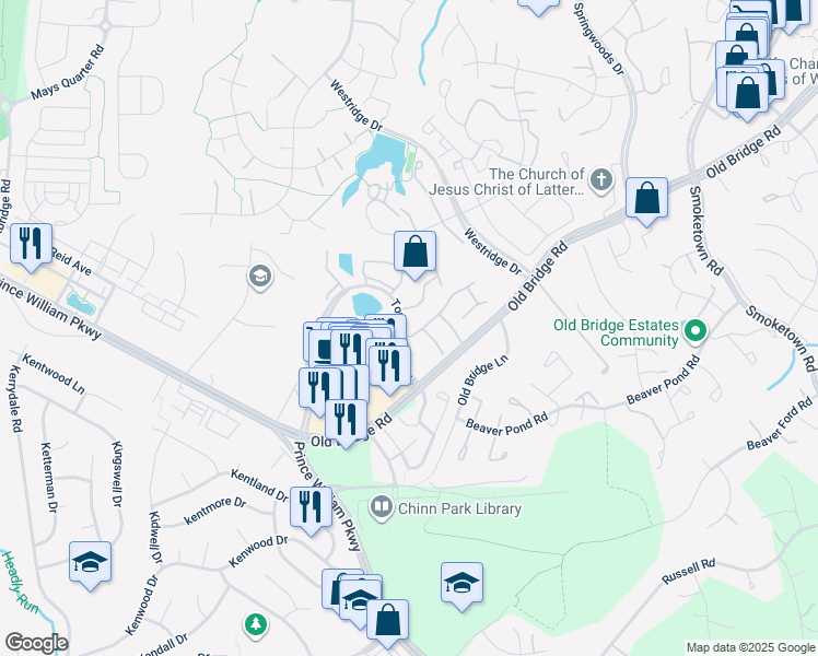 map of restaurants, bars, coffee shops, grocery stores, and more near 12800 Bombay Way in Woodbridge