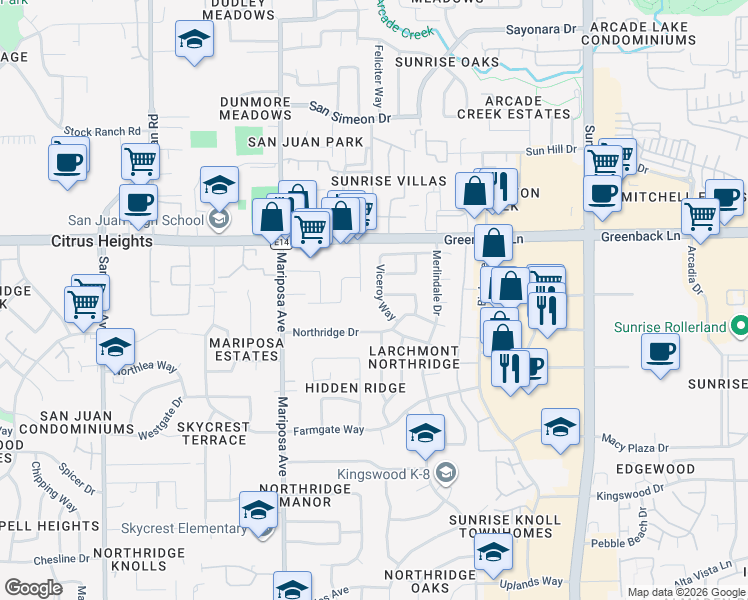 map of restaurants, bars, coffee shops, grocery stores, and more near 6017 Viceroy Way in Citrus Heights