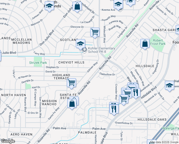 map of restaurants, bars, coffee shops, grocery stores, and more near 6048 Gilman Way in North Highlands
