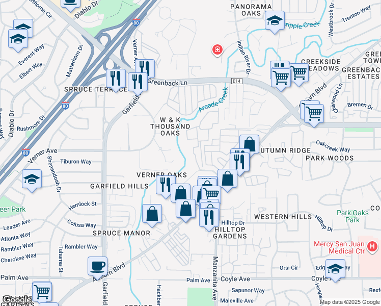 map of restaurants, bars, coffee shops, grocery stores, and more near 5979 Devecchi Avenue in Citrus Heights