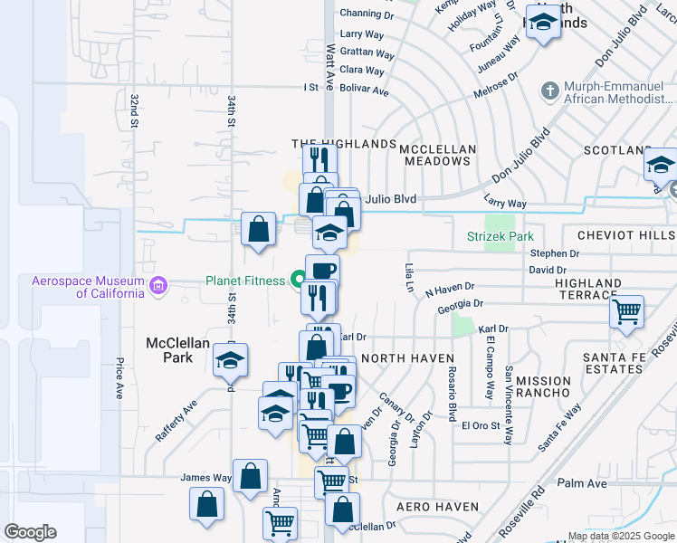 map of restaurants, bars, coffee shops, grocery stores, and more near 6050 Watt Avenue in North Highlands