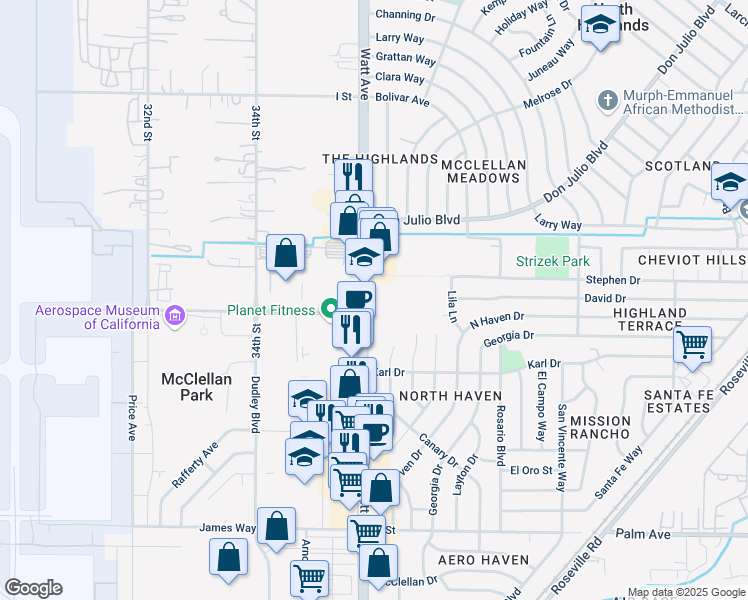 map of restaurants, bars, coffee shops, grocery stores, and more near 6050 Watt Avenue in North Highlands