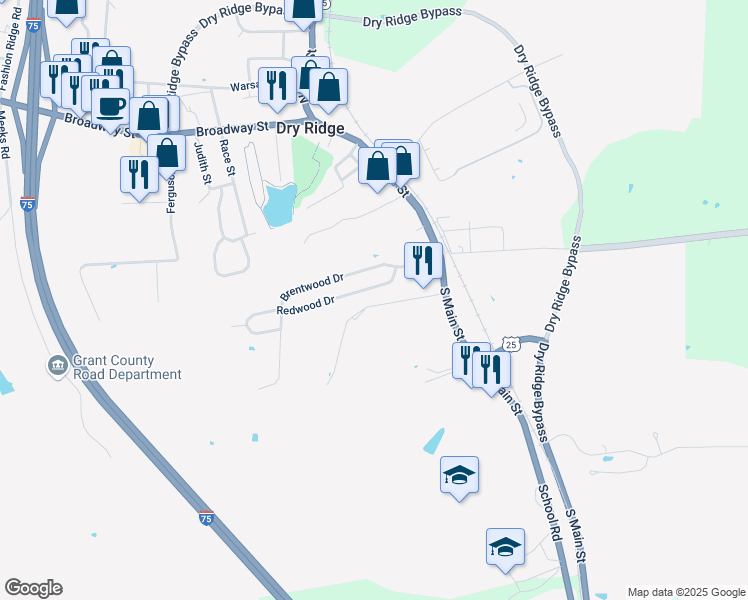 map of restaurants, bars, coffee shops, grocery stores, and more near 23 Kings Drive in Dry Ridge
