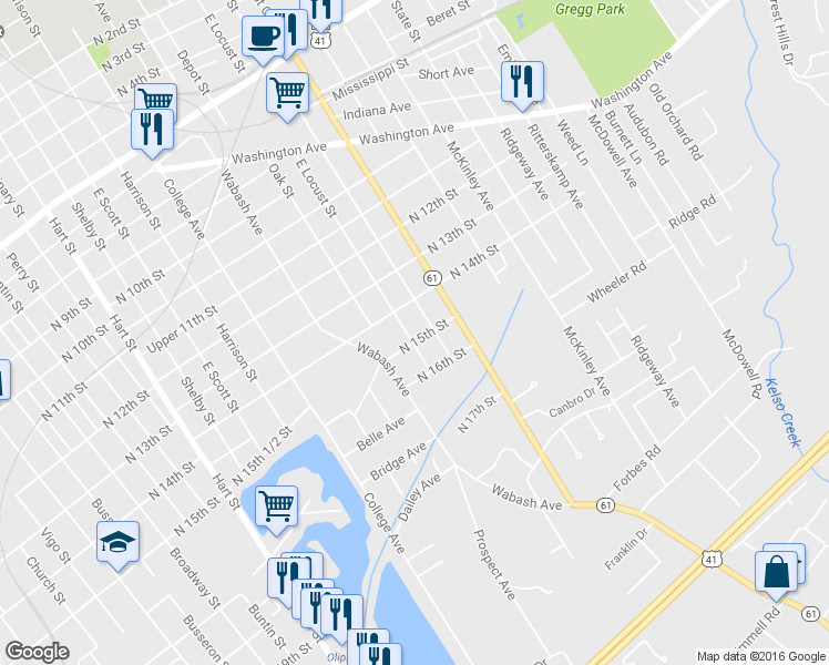 map of restaurants, bars, coffee shops, grocery stores, and more near 1426 East Locust Street in Vincennes