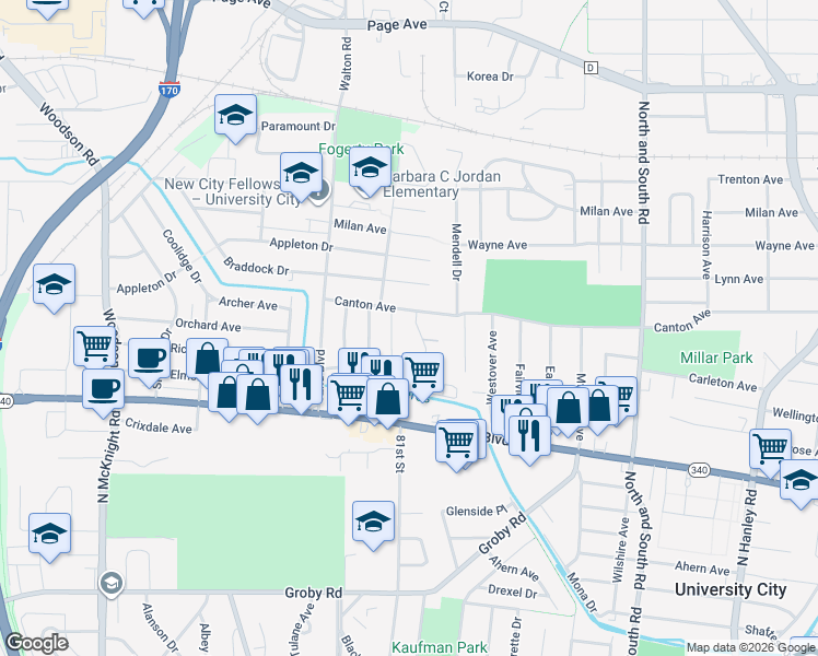 map of restaurants, bars, coffee shops, grocery stores, and more near 1337 Rushmore Drive in University City