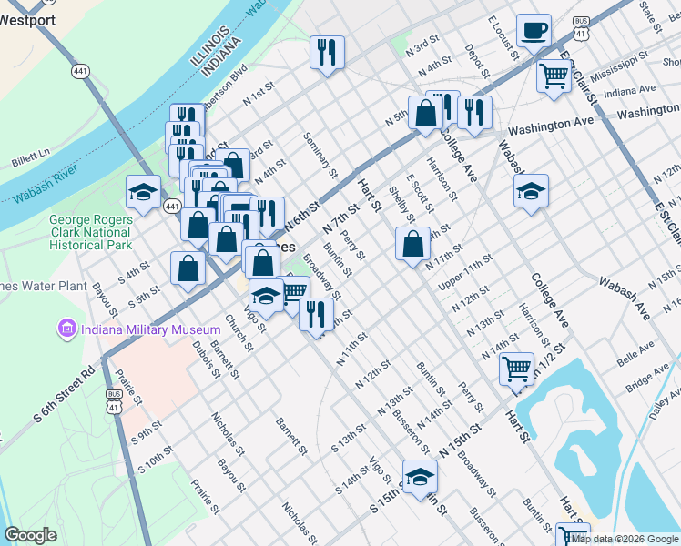 map of restaurants, bars, coffee shops, grocery stores, and more near 828 Broadway St in Vincennes