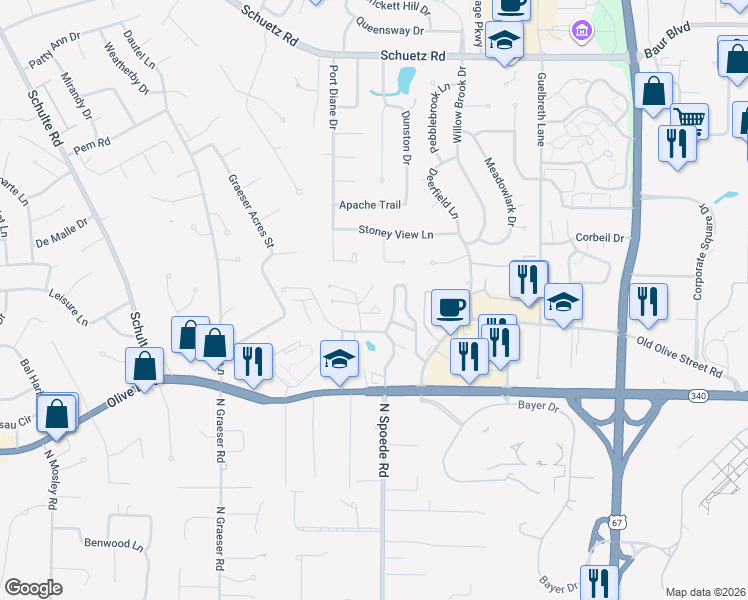 map of restaurants, bars, coffee shops, grocery stores, and more near 1010 Thoreau Court in St. Louis