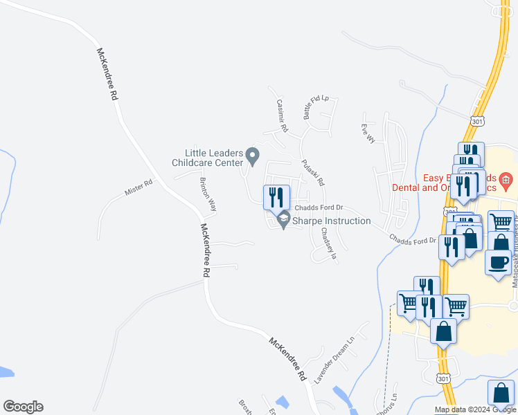 map of restaurants, bars, coffee shops, grocery stores, and more near 15513 Pocopson Creek Way in Brandywine