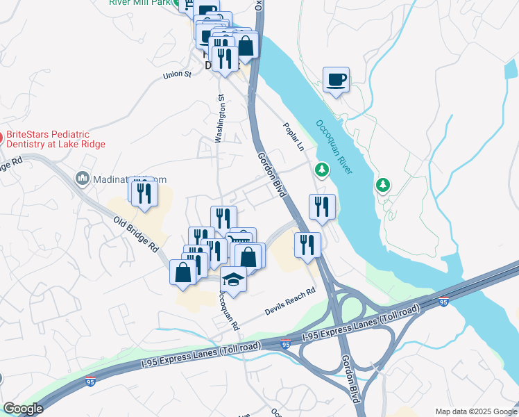 map of restaurants, bars, coffee shops, grocery stores, and more near 1431 Admiral Drive in Woodbridge