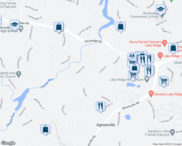 map of restaurants, bars, coffee shops, grocery stores, and more near 12709 Westport Lane in Woodbridge