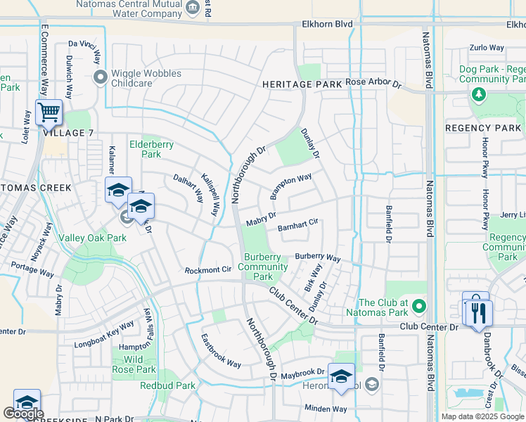 map of restaurants, bars, coffee shops, grocery stores, and more near 2453 Burberry Way in Sacramento