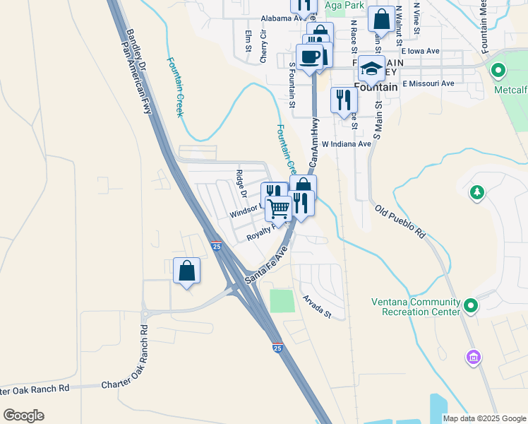 map of restaurants, bars, coffee shops, grocery stores, and more near 420 Royalty Place in Fountain