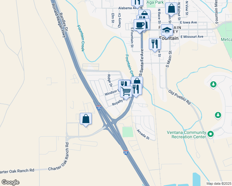 map of restaurants, bars, coffee shops, grocery stores, and more near 420 Royalty Place in Fountain
