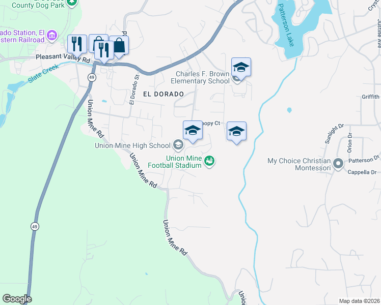map of restaurants, bars, coffee shops, grocery stores, and more near 6530 Koki Lane in El Dorado County