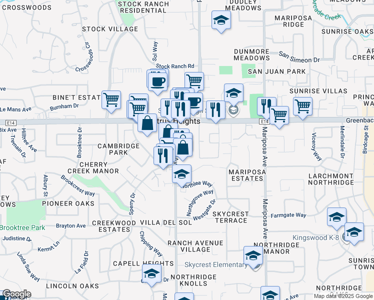 map of restaurants, bars, coffee shops, grocery stores, and more near 6042 San Juan Avenue in Citrus Heights