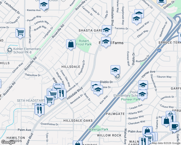 map of restaurants, bars, coffee shops, grocery stores, and more near 6001 Hillsdale Boulevard in Sacramento