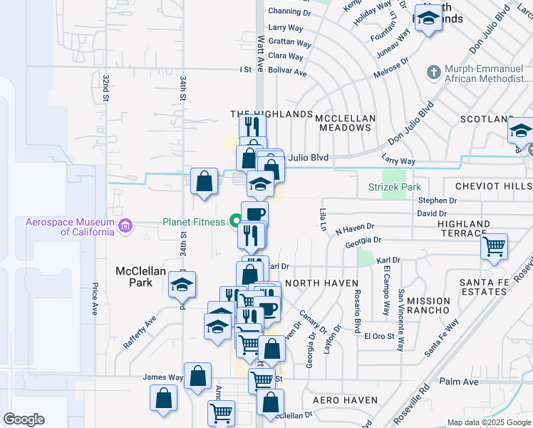 map of restaurants, bars, coffee shops, grocery stores, and more near 6001 Watt Avenue in North Highlands