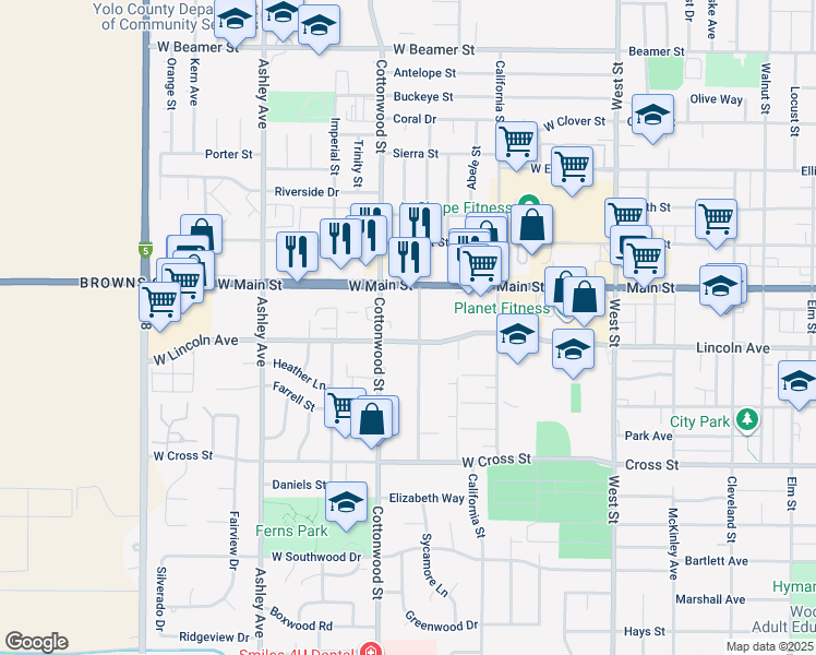 map of restaurants, bars, coffee shops, grocery stores, and more near 184 West Lincoln Avenue in Woodland