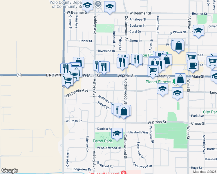 map of restaurants, bars, coffee shops, grocery stores, and more near 626 West Lincoln Avenue in Woodland