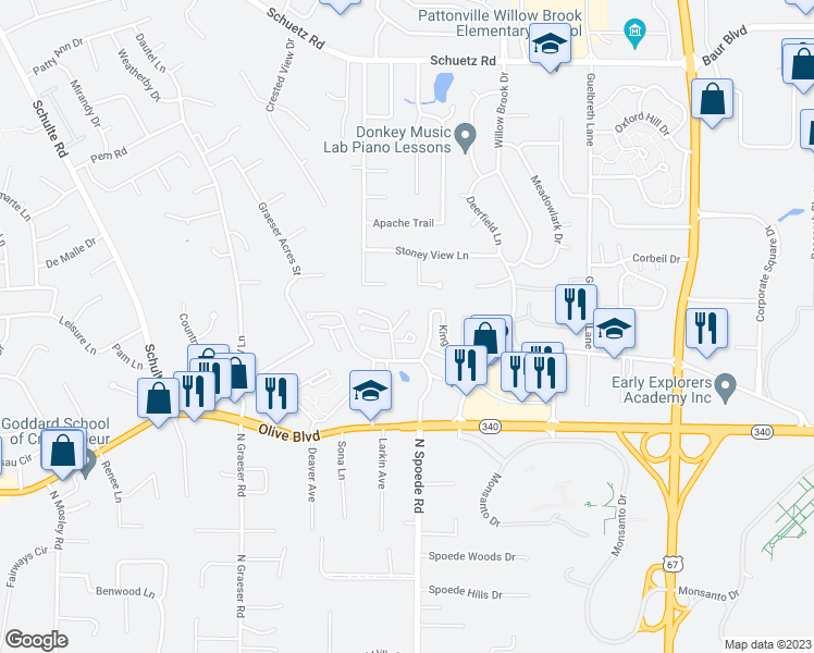 map of restaurants, bars, coffee shops, grocery stores, and more near 1010 Thoreau Court in St. Louis